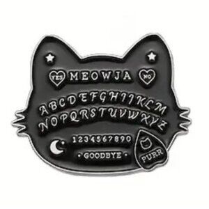 Meowja Cat Ouija Board Silver Tone Black Enamel Pin